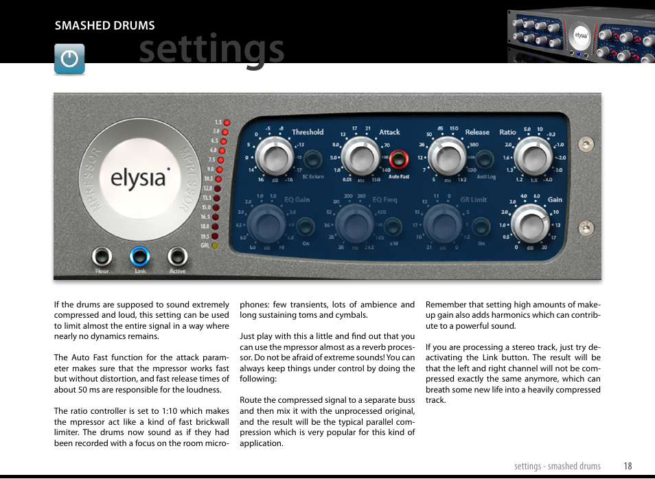 Smashed drums, Settings | elysia mpressor Dual-Channel Creative Compressor User Manual | Page 18 / 29