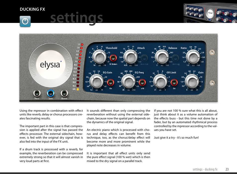 Ducking fx, Settings | elysia mpressor Dual-Channel Creative Compressor User Manual | Page 23 / 29