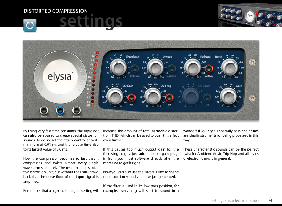Distorted compression, Settings | elysia mpressor Dual-Channel Creative Compressor User Manual | Page 24 / 29