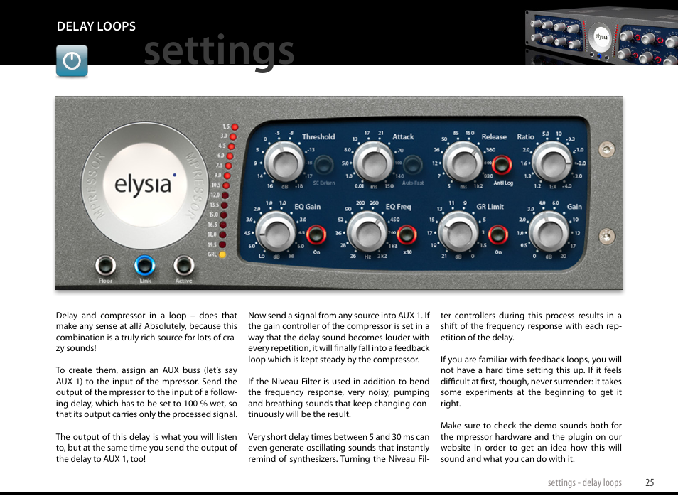 Delay loops, Settings | elysia mpressor Dual-Channel Creative Compressor User Manual | Page 25 / 29