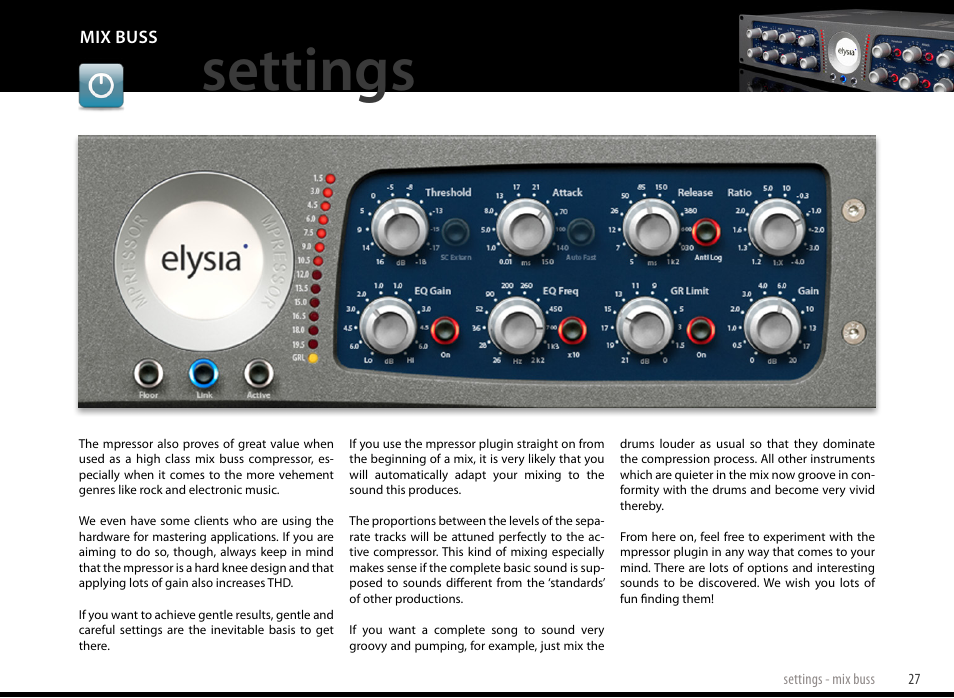 Mix buss, Settings | elysia mpressor Dual-Channel Creative Compressor User Manual | Page 27 / 29