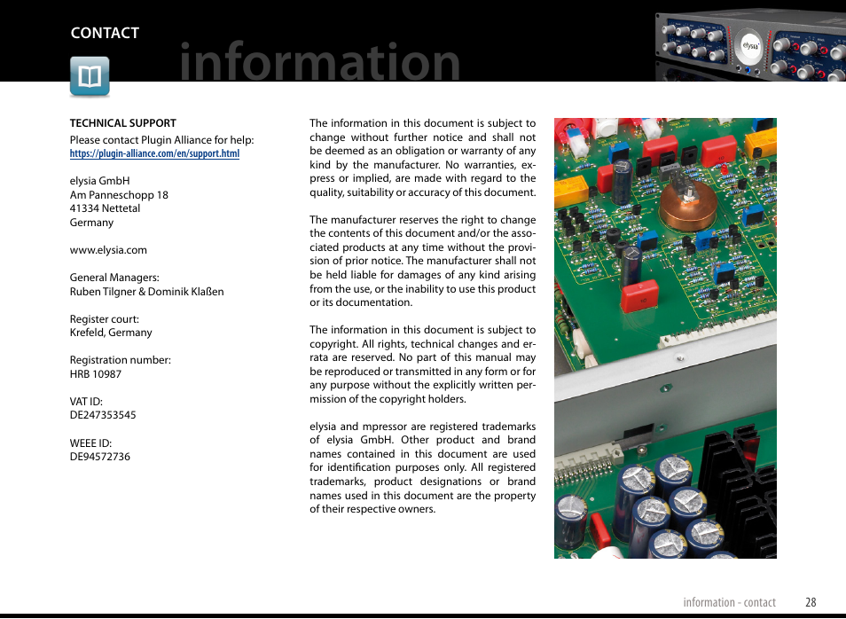 Information, Contact | elysia mpressor Dual-Channel Creative Compressor User Manual | Page 28 / 29