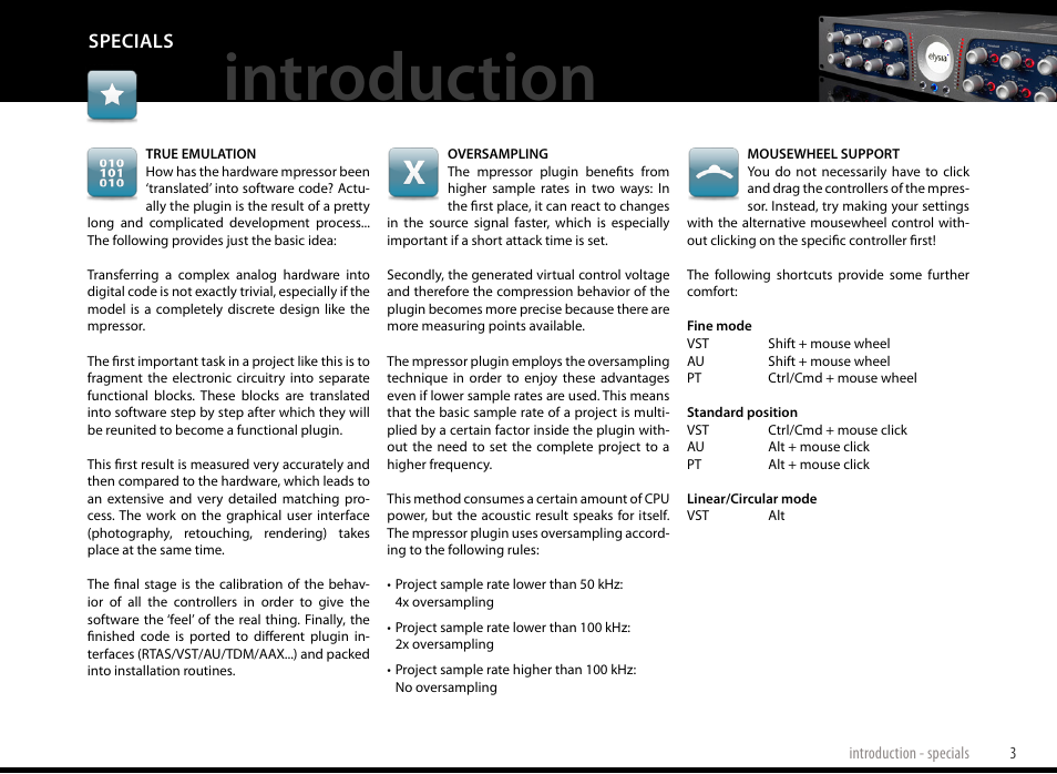 Specials, Introduction | elysia mpressor Dual-Channel Creative Compressor User Manual | Page 3 / 29
