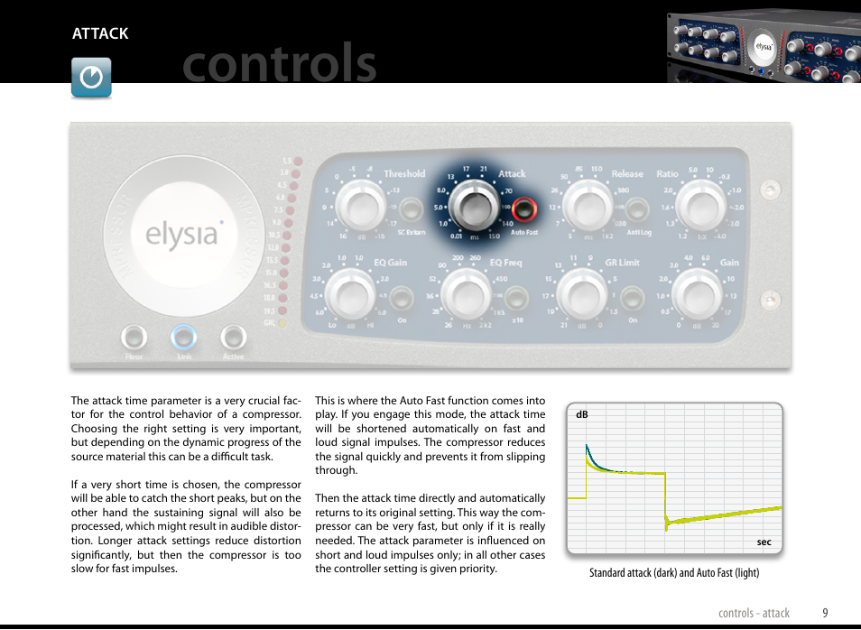 Attack, Controls | elysia mpressor Dual-Channel Creative Compressor User Manual | Page 9 / 29