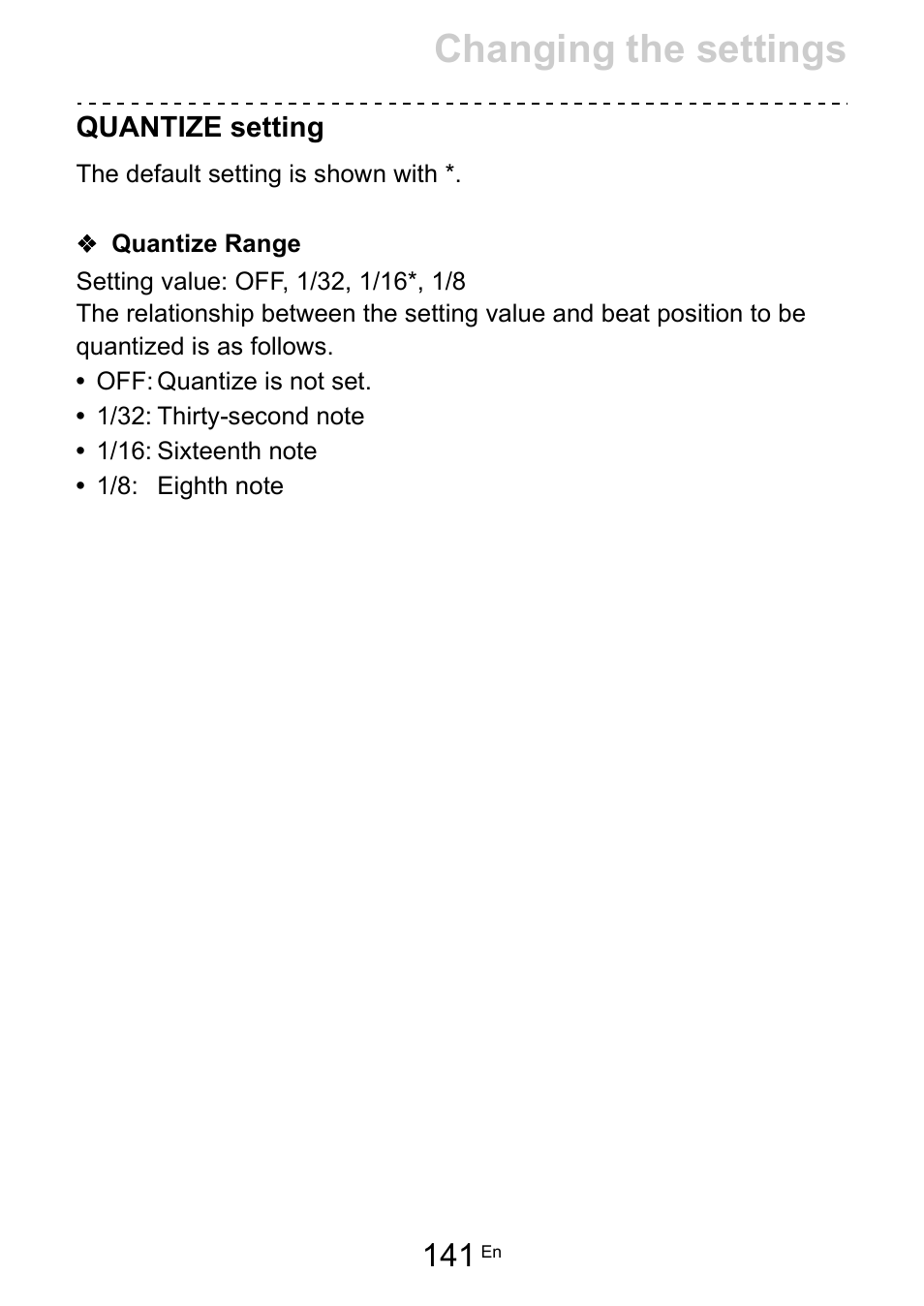 Quantize setting, Quantize range, Changing the settings | Pioneer Toraiz SQUID - Creative Multitrack Sequencer User Manual | Page 141 / 177