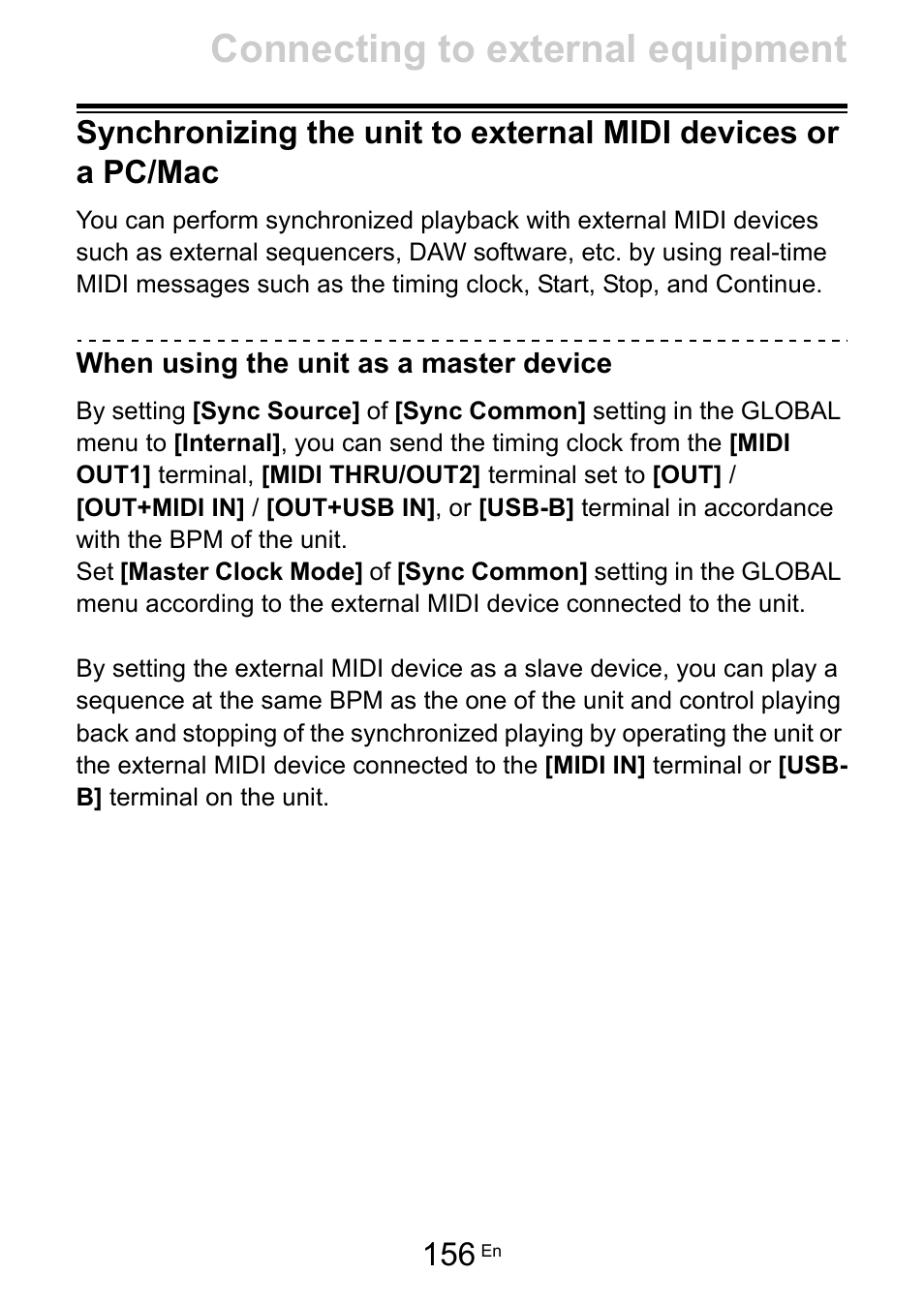 When using the unit as a master device, Connecting to external equipment | Pioneer Toraiz SQUID - Creative Multitrack Sequencer User Manual | Page 156 / 177