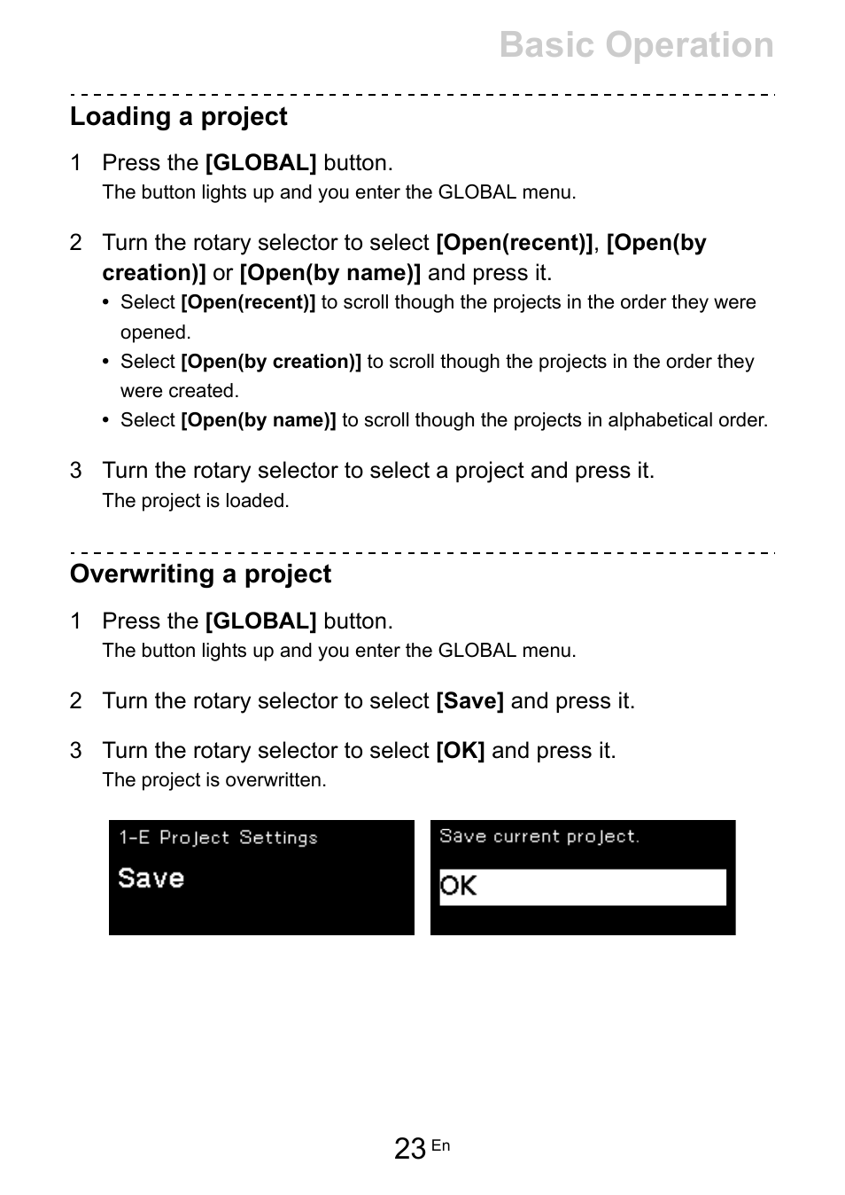 Loading a project, Overwriting a project, Basic operation | Pioneer Toraiz SQUID - Creative Multitrack Sequencer User Manual | Page 23 / 177