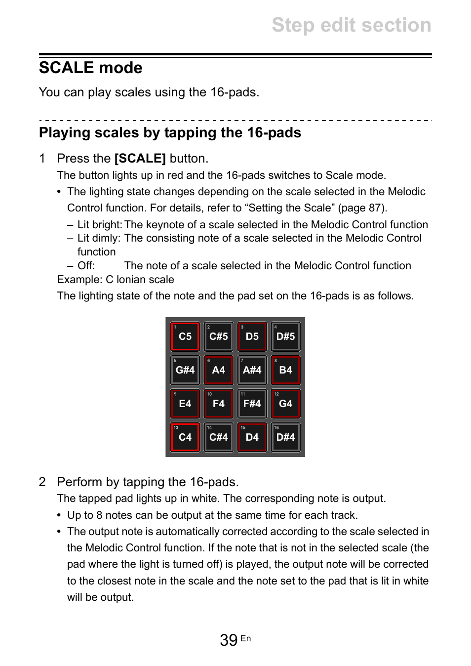Scale mode, Playing scales by tapping the 16-pads | Pioneer Toraiz SQUID - Creative Multitrack Sequencer User Manual | Page 39 / 177