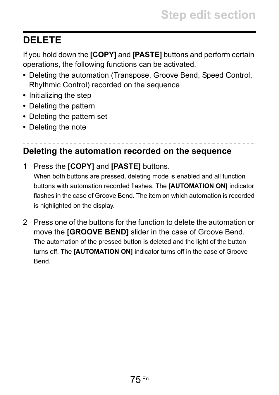 Delete, Deleting the automation recorded on the sequence | Pioneer Toraiz SQUID - Creative Multitrack Sequencer User Manual | Page 75 / 177