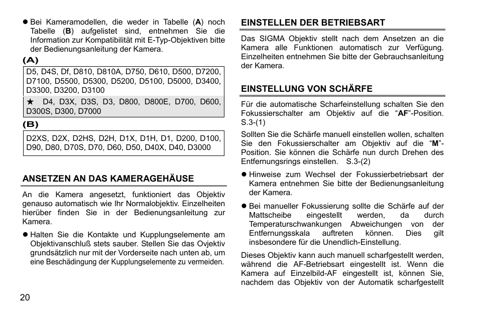 Ansetzen an das kameragehäuse, Einstellen der betriebsart, Einstellung von schärfe | SIGMA 500mm f/4 DG OS HSM Sports Lens for EF User Manual | Page 20 / 100