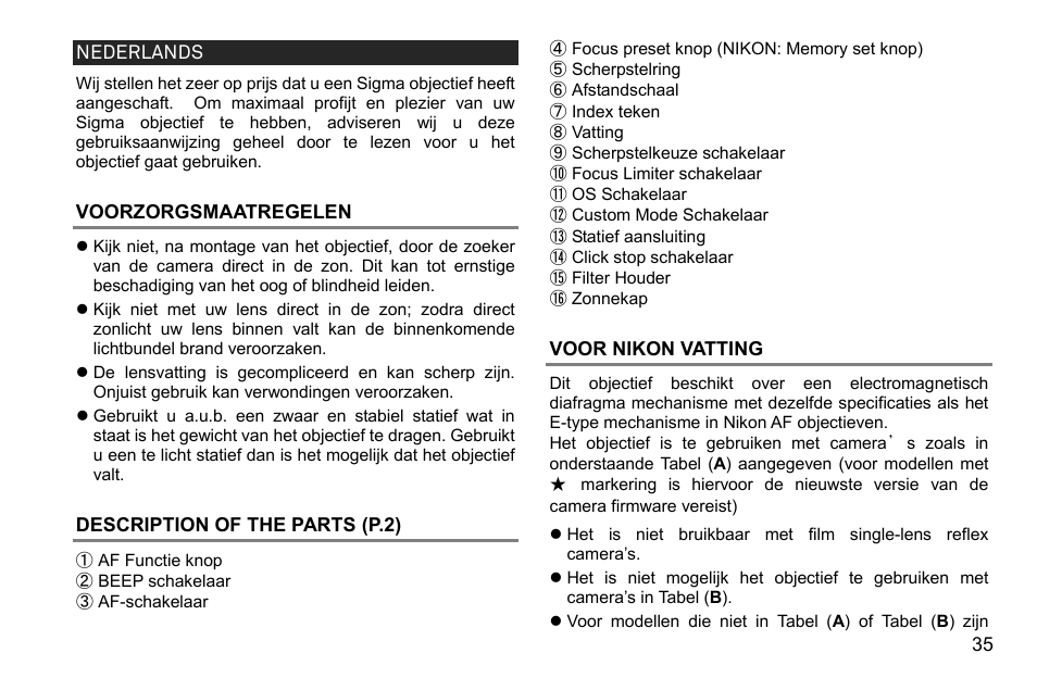 Nederlands, Voorzorgsmaatregelen, Description of the parts (p.2) | Voor nikon vatting | SIGMA 500mm f/4 DG OS HSM Sports Lens for EF User Manual | Page 35 / 100