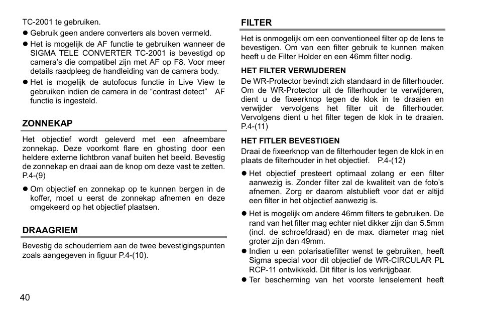 Zonnekap, Draagriem, Filter | SIGMA 500mm f/4 DG OS HSM Sports Lens for EF User Manual | Page 40 / 100