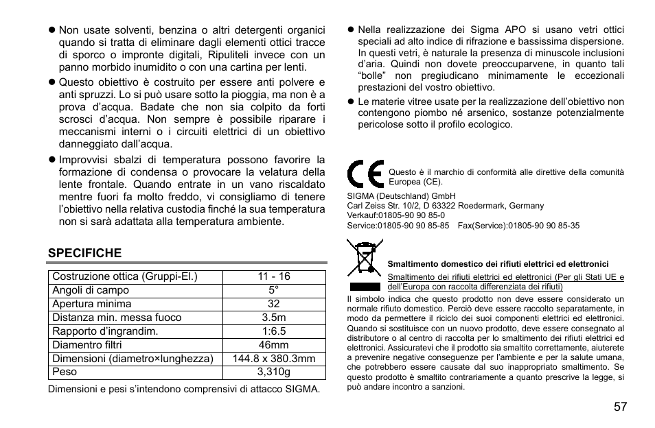 Specifiche | SIGMA 500mm f/4 DG OS HSM Sports Lens for EF User Manual | Page 57 / 100