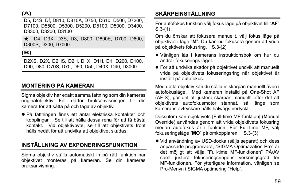Montering på kameran, Inställning av exponeringsfunktion, Skärpeinställning | SIGMA 500mm f/4 DG OS HSM Sports Lens for EF User Manual | Page 59 / 100