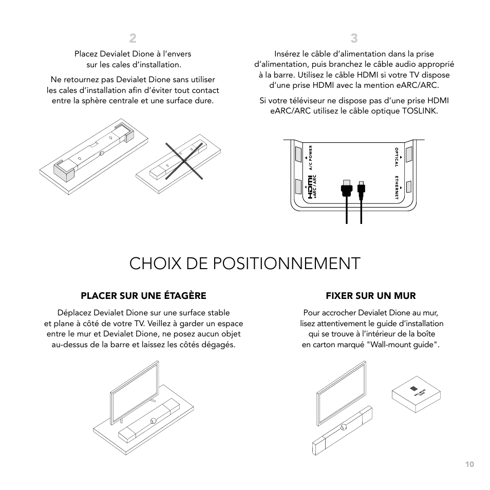 Choix de positionnement | Devialet Dione 950W Virtual 5.1.2-Channel Soundbar User Manual | Page 10 / 36