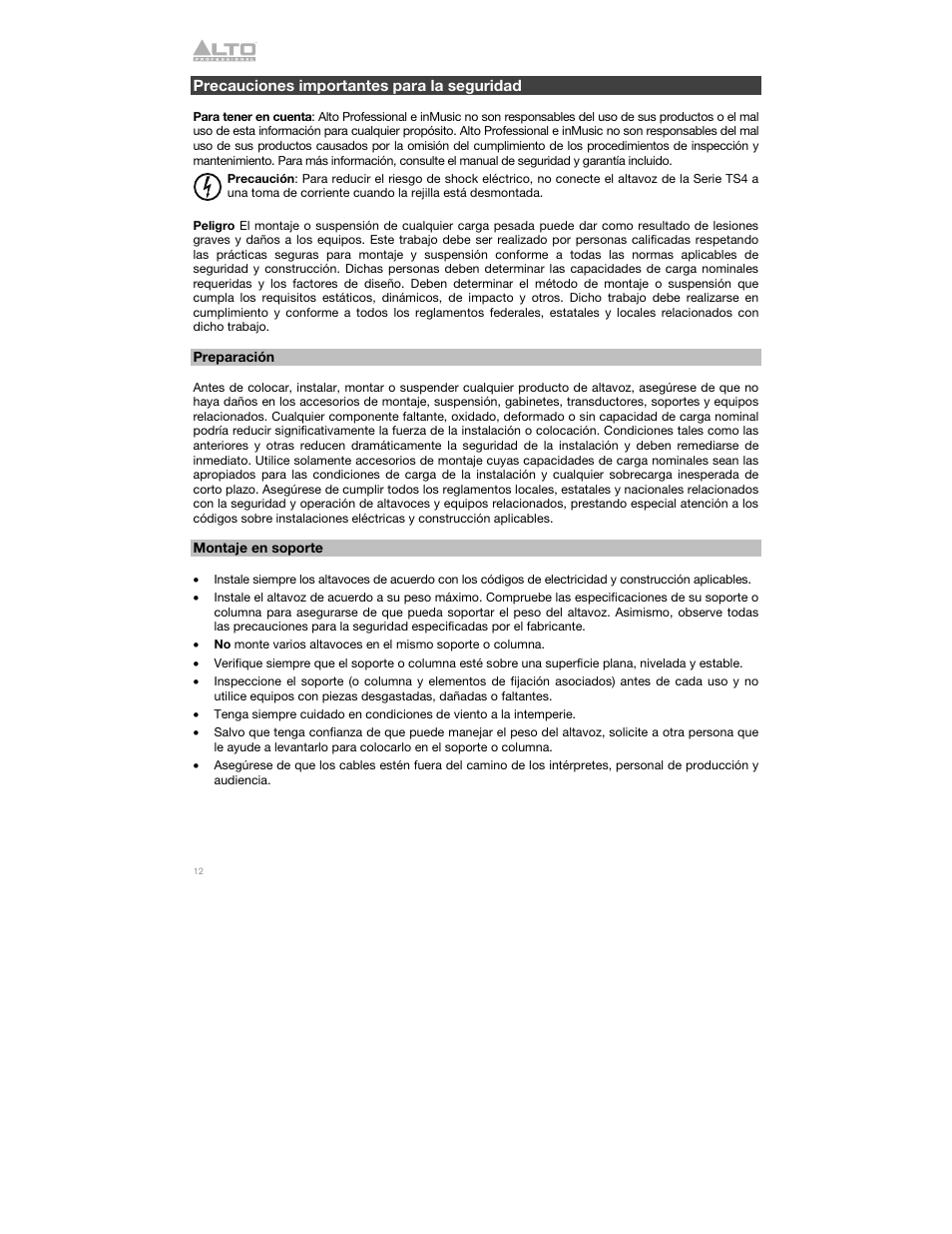 Precauciones importantes para la seguridad, Preparación, Montaje en soporte | Alto Professional Alto TS412 2500W 12" 2-Way Active Loudspeaker with Bluetooth User Manual | Page 12 / 48