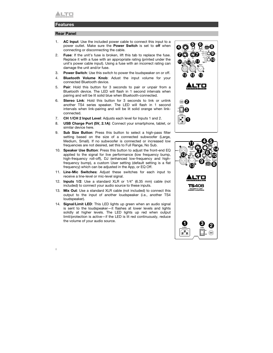 Features, Rear panel | Alto Professional Alto TS412 2500W 12" 2-Way Active Loudspeaker with Bluetooth User Manual | Page 8 / 48