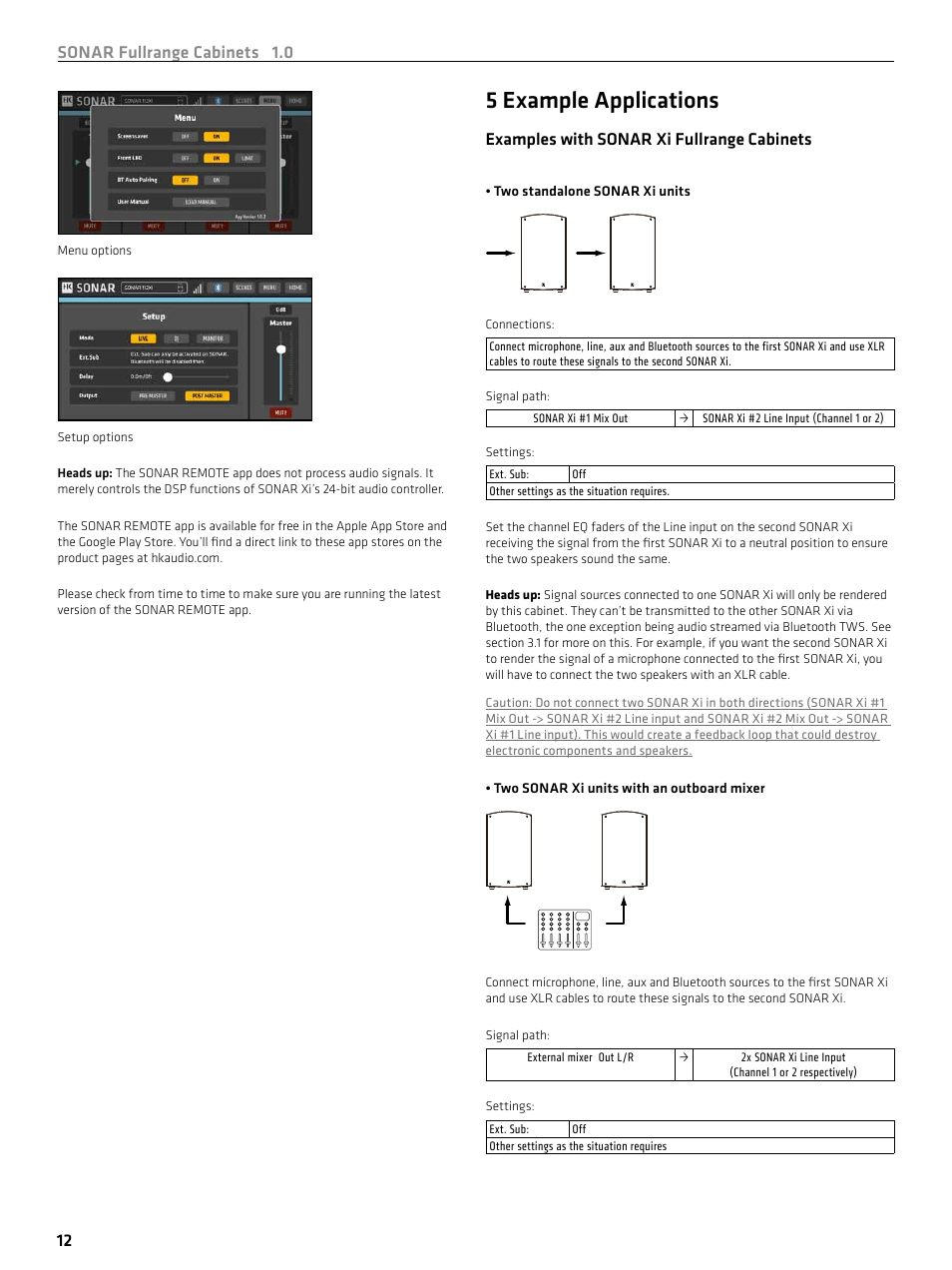 5 example applications, Sonar fullrange cabinets 1.0 12, Examples with sonar xi fullrange cabinets | HK Audio SONAR 110 Xi 2-Way 800W 10" Powered Speaker User Manual | Page 12 / 72