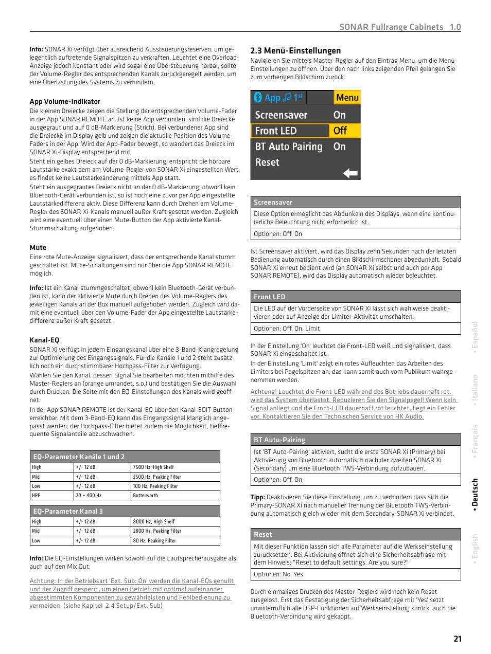 Sonar fullrange cabinets 1.0 21, 3 menü-einstellungen | HK Audio SONAR 110 Xi 2-Way 800W 10" Powered Speaker User Manual | Page 21 / 72
