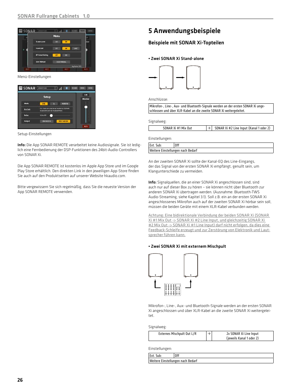5 anwendungsbeispiele, Sonar fullrange cabinets 1.0 26, Beispiele mit sonar xi-topteilen | HK Audio SONAR 110 Xi 2-Way 800W 10" Powered Speaker User Manual | Page 26 / 72