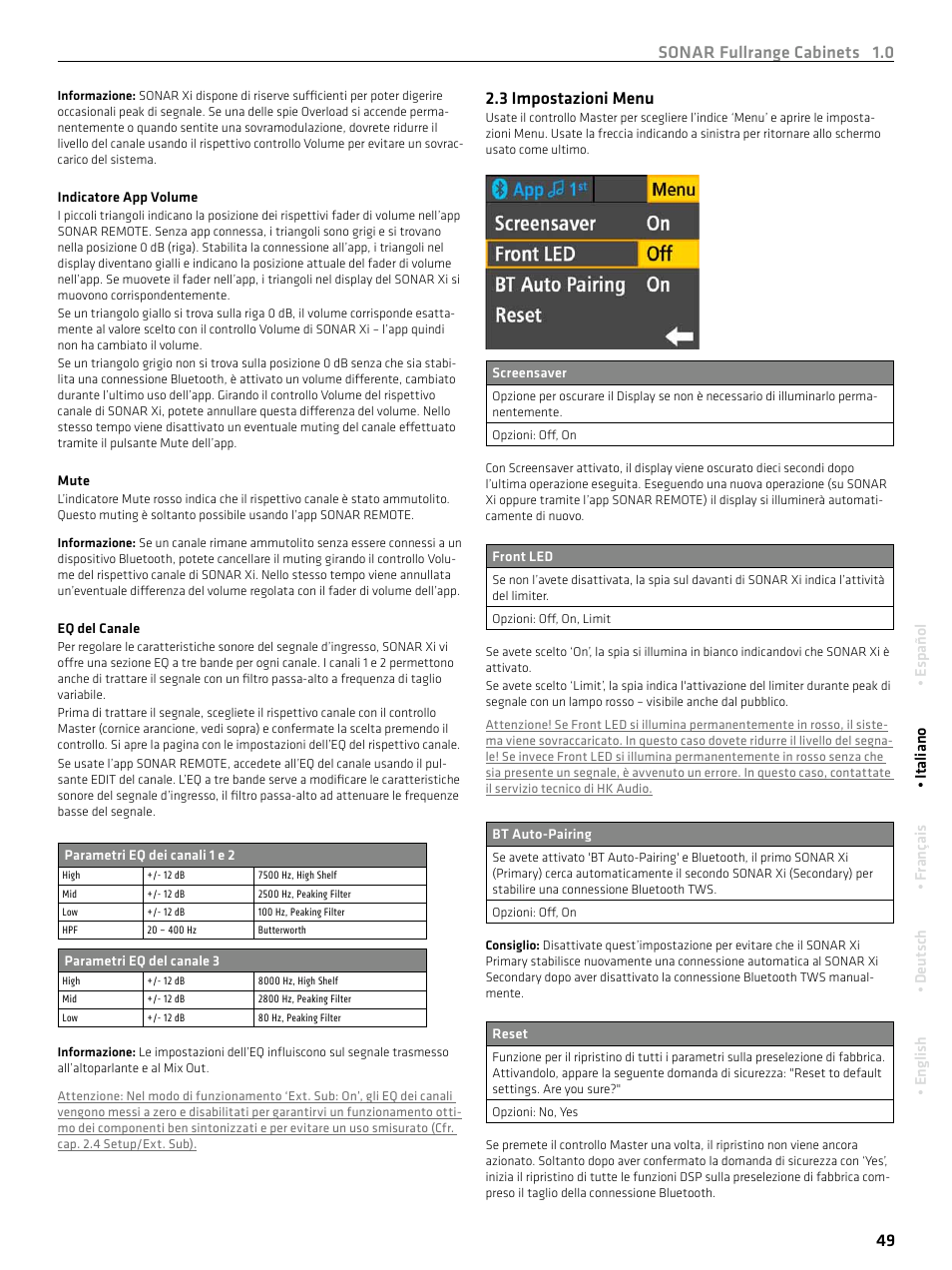 Sonar fullrange cabinets 1.0 49, 3 impostazioni menu | HK Audio SONAR 110 Xi 2-Way 800W 10" Powered Speaker User Manual | Page 49 / 72