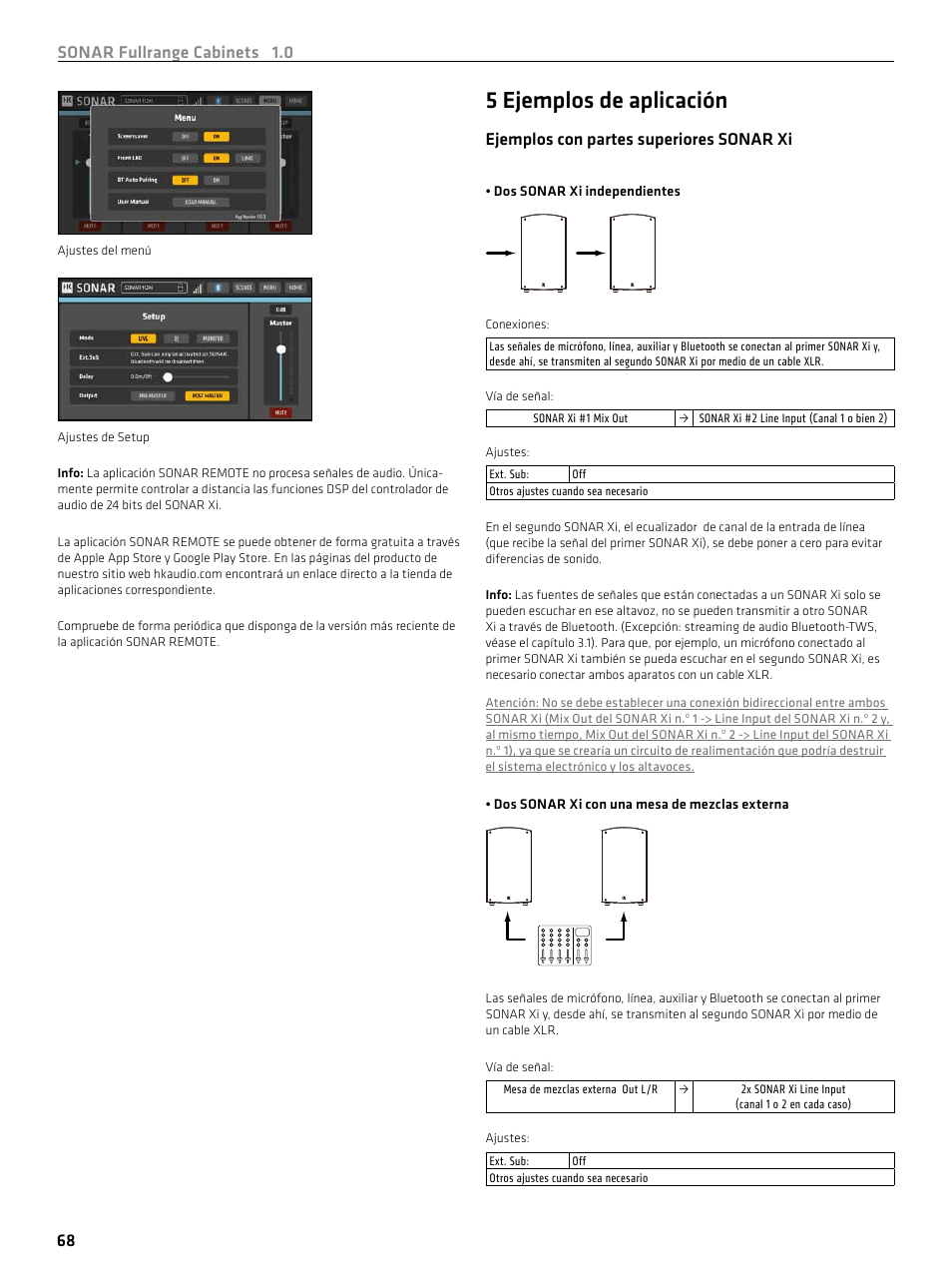 5 ejemplos de aplicación, Sonar fullrange cabinets 1.0 68, Ejemplos con partes superiores sonar xi | HK Audio SONAR 110 Xi 2-Way 800W 10" Powered Speaker User Manual | Page 68 / 72