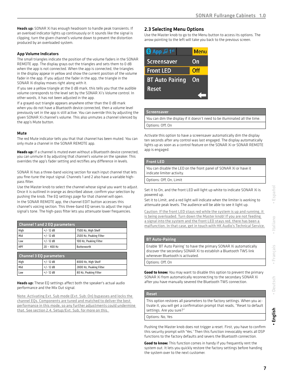 Sonar fullrange cabinets 1.0 7, 3 selecting menu options | HK Audio SONAR 110 Xi 2-Way 800W 10" Powered Speaker User Manual | Page 7 / 72