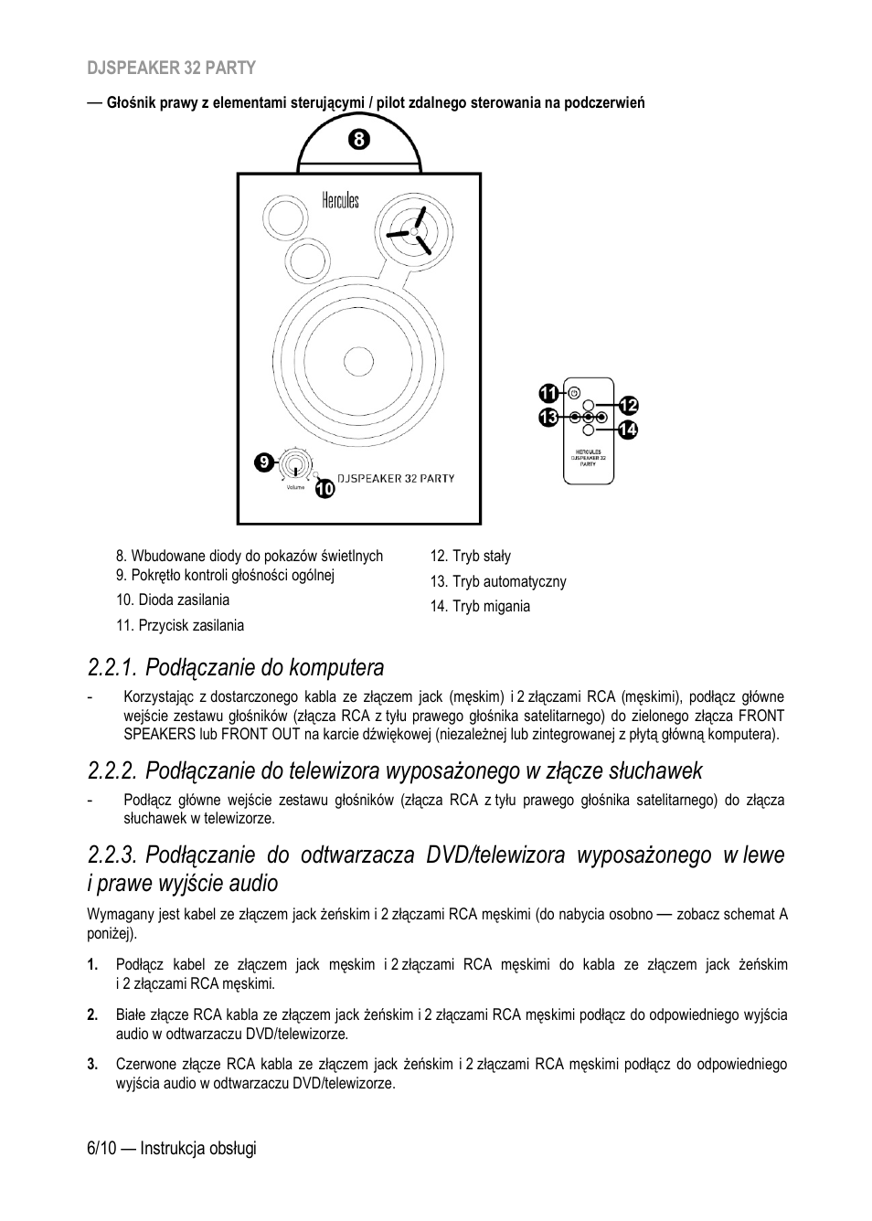 Podłączanie do komputera, Wyjście audio, Pod łączanie do komputera | Hercules DJSpeaker 32 Party 3" Powered Speakers with Integrated Light Dome (Pair) User Manual | Page 107 / 195