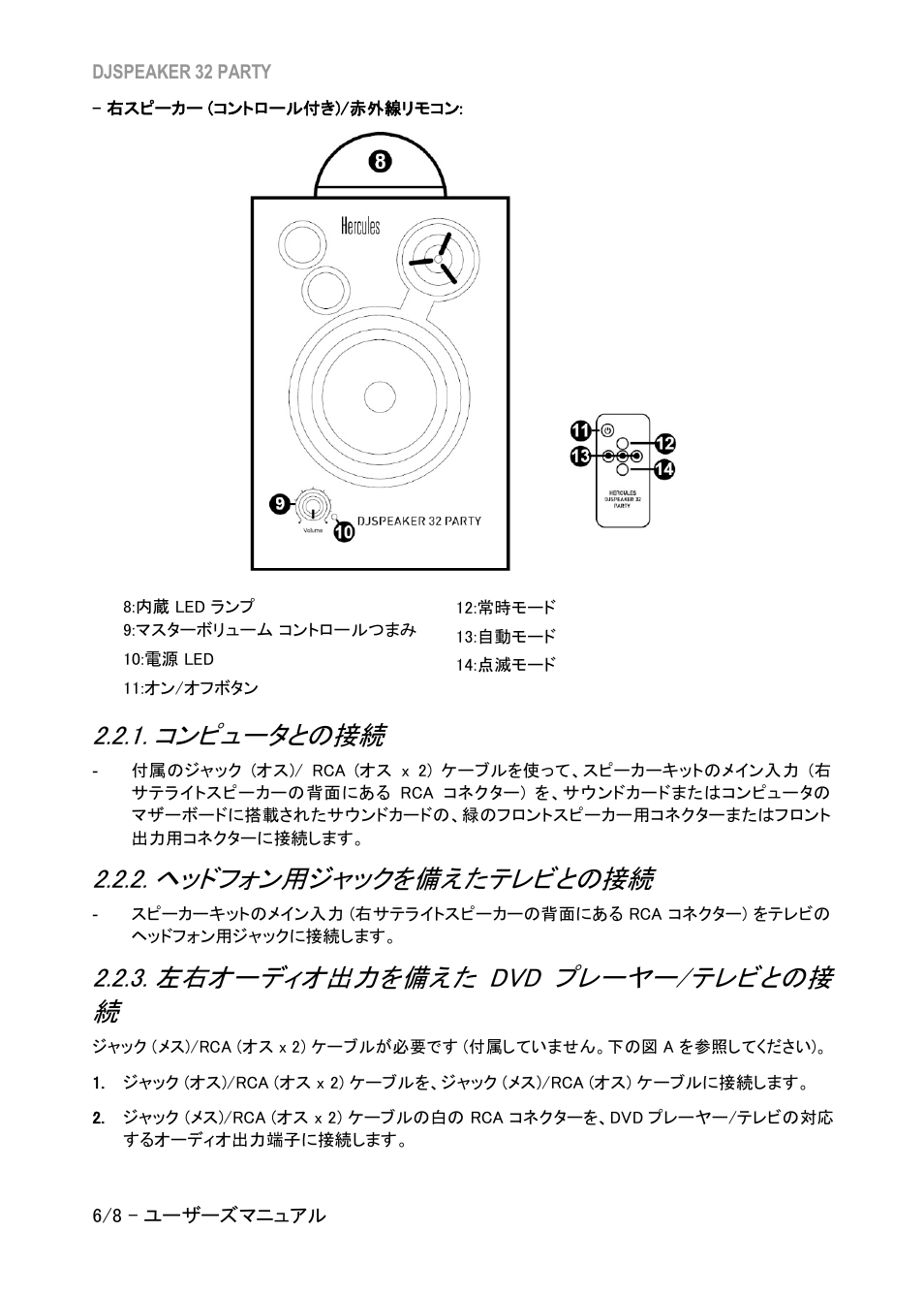 コンピュータとの接続, ヘッドフォン用ジャックを備えたテレビとの接続, 左右オーディオ出力を備えた dvd プレーヤー/テレビとの接続 | 左右オーディオ出力を備えた, プレーヤー, テレビとの接続, 左右オーディオ出力を備えた dvd プレーヤー / テレビとの接 続 | Hercules DJSpeaker 32 Party 3" Powered Speakers with Integrated Light Dome (Pair) User Manual | Page 117 / 195