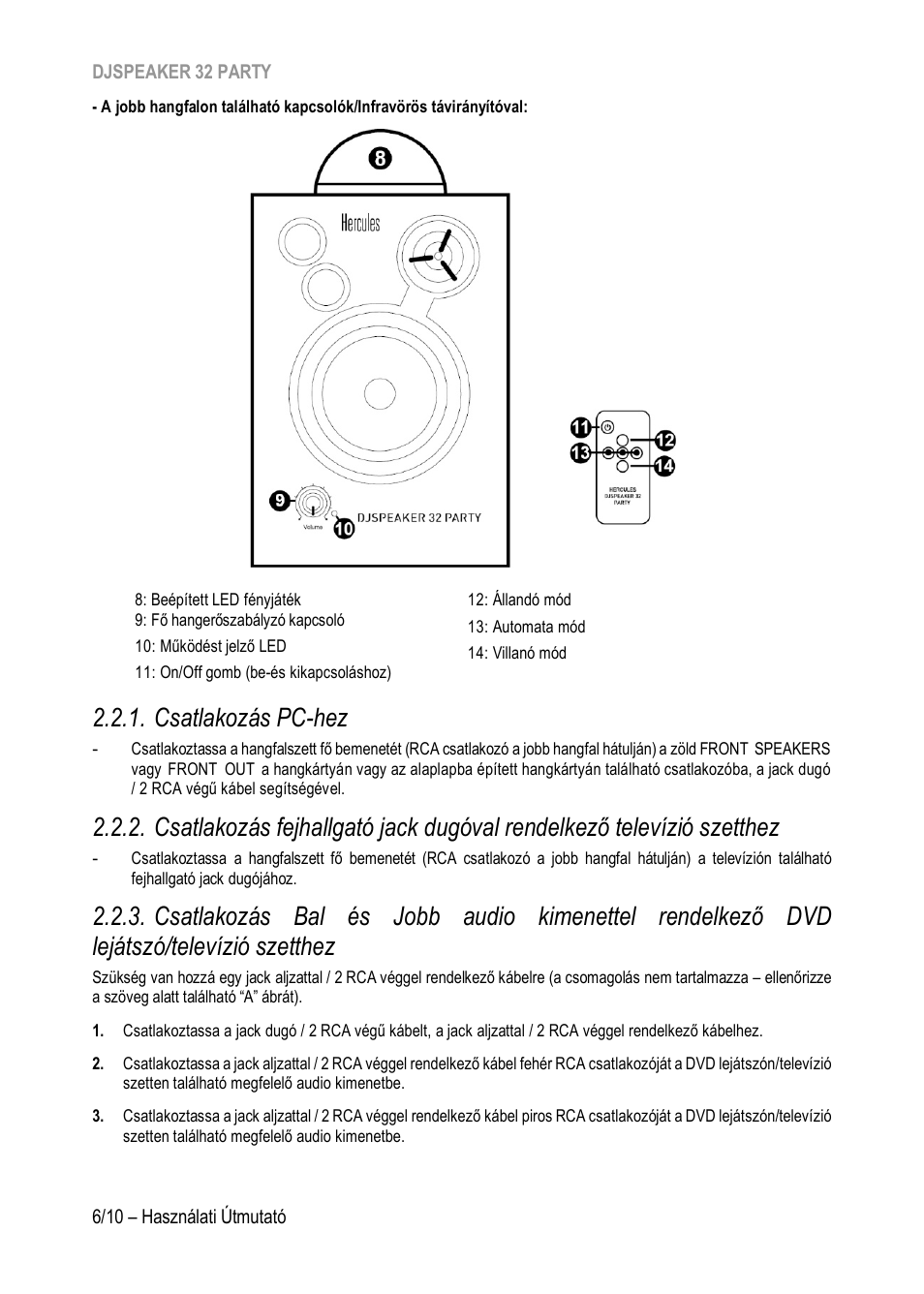 Csatlakozás pc-hez, Csatlakozás fejhallgató j, Ack dugóval rendelkező televízió szetthez | Szetthez | Hercules DJSpeaker 32 Party 3" Powered Speakers with Integrated Light Dome (Pair) User Manual | Page 181 / 195