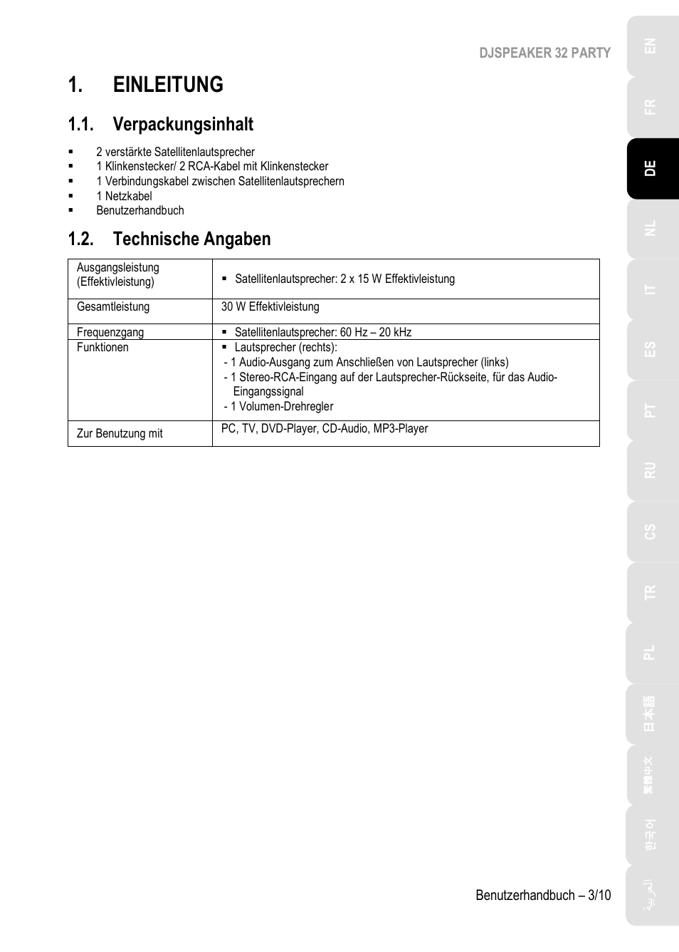 Einleitung, Verpackungsinhalt, Technische angaben | Hercules DJSpeaker 32 Party 3" Powered Speakers with Integrated Light Dome (Pair) User Manual | Page 24 / 195
