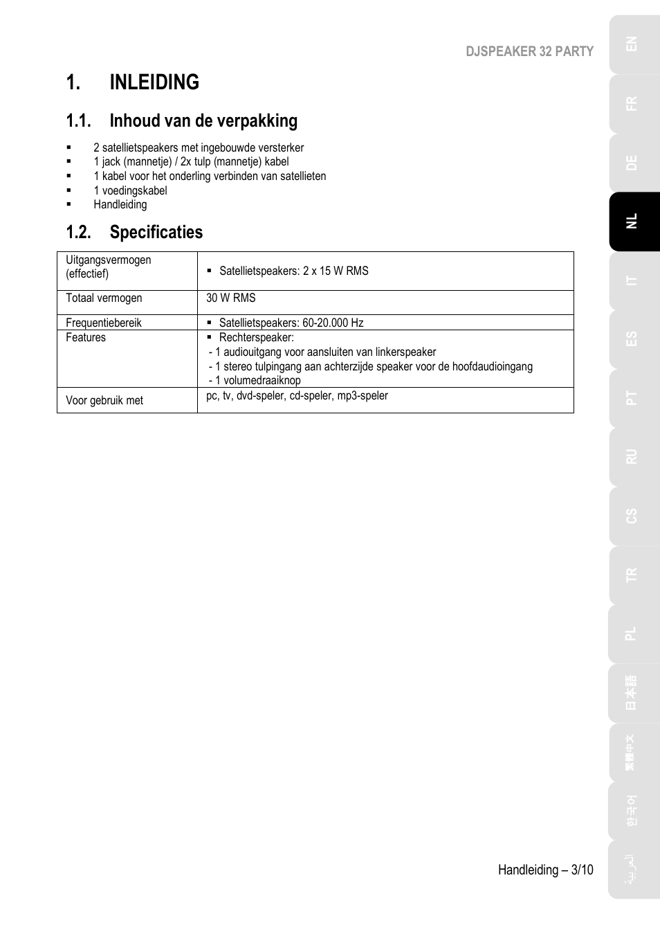 Inleiding, Inhoud van de verpakking, Specificaties | Hercules DJSpeaker 32 Party 3" Powered Speakers with Integrated Light Dome (Pair) User Manual | Page 34 / 195