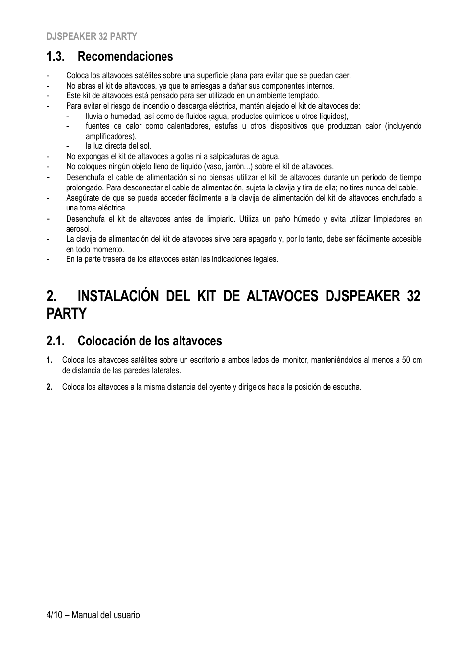 Recomendaciones, Colocación de los altavoces | Hercules DJSpeaker 32 Party 3" Powered Speakers with Integrated Light Dome (Pair) User Manual | Page 55 / 195
