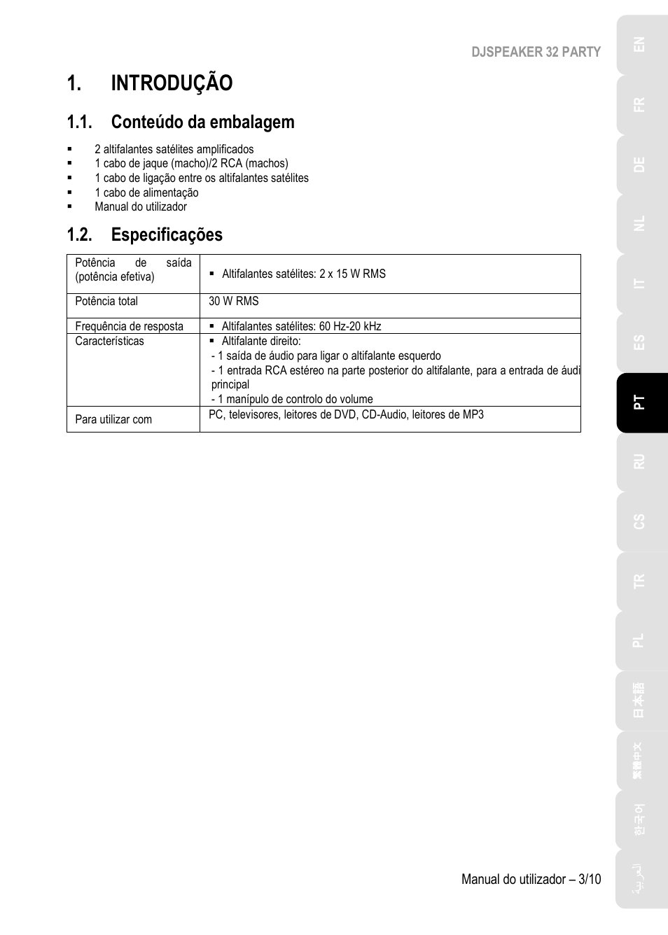 Introdução, Conteúdo da embalagem, Especificações | Hercules DJSpeaker 32 Party 3" Powered Speakers with Integrated Light Dome (Pair) User Manual | Page 64 / 195