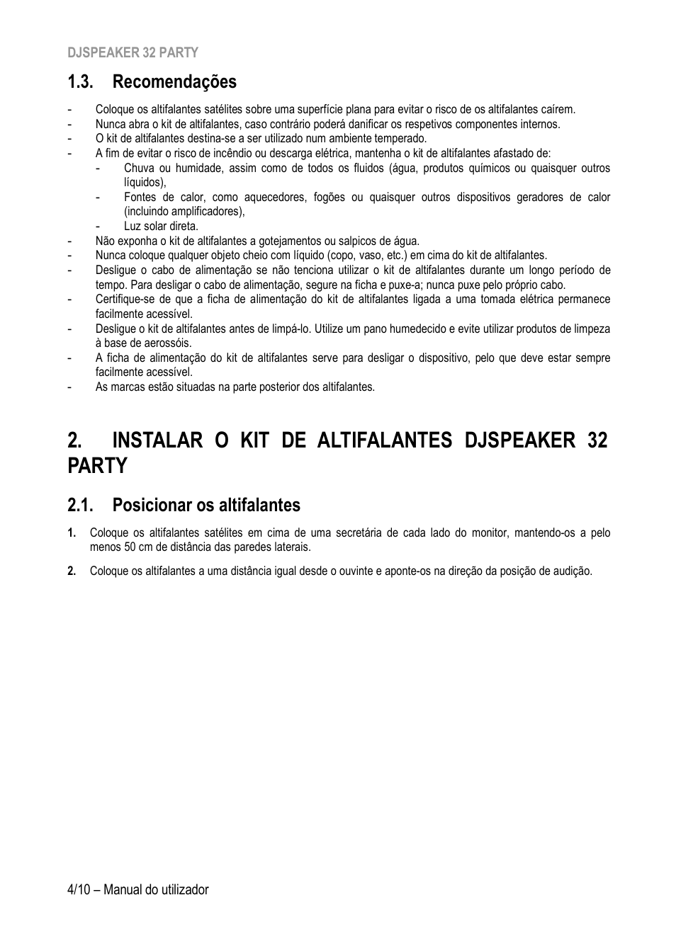 Recomendações, Instalar o kit de altifalantes djspeaker 32 party, Posicionar os altifalantes | Hercules DJSpeaker 32 Party 3" Powered Speakers with Integrated Light Dome (Pair) User Manual | Page 65 / 195