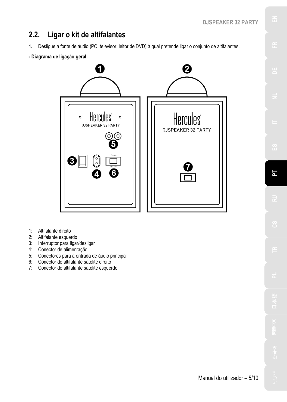Ligar o kit de altifalantes | Hercules DJSpeaker 32 Party 3" Powered Speakers with Integrated Light Dome (Pair) User Manual | Page 66 / 195