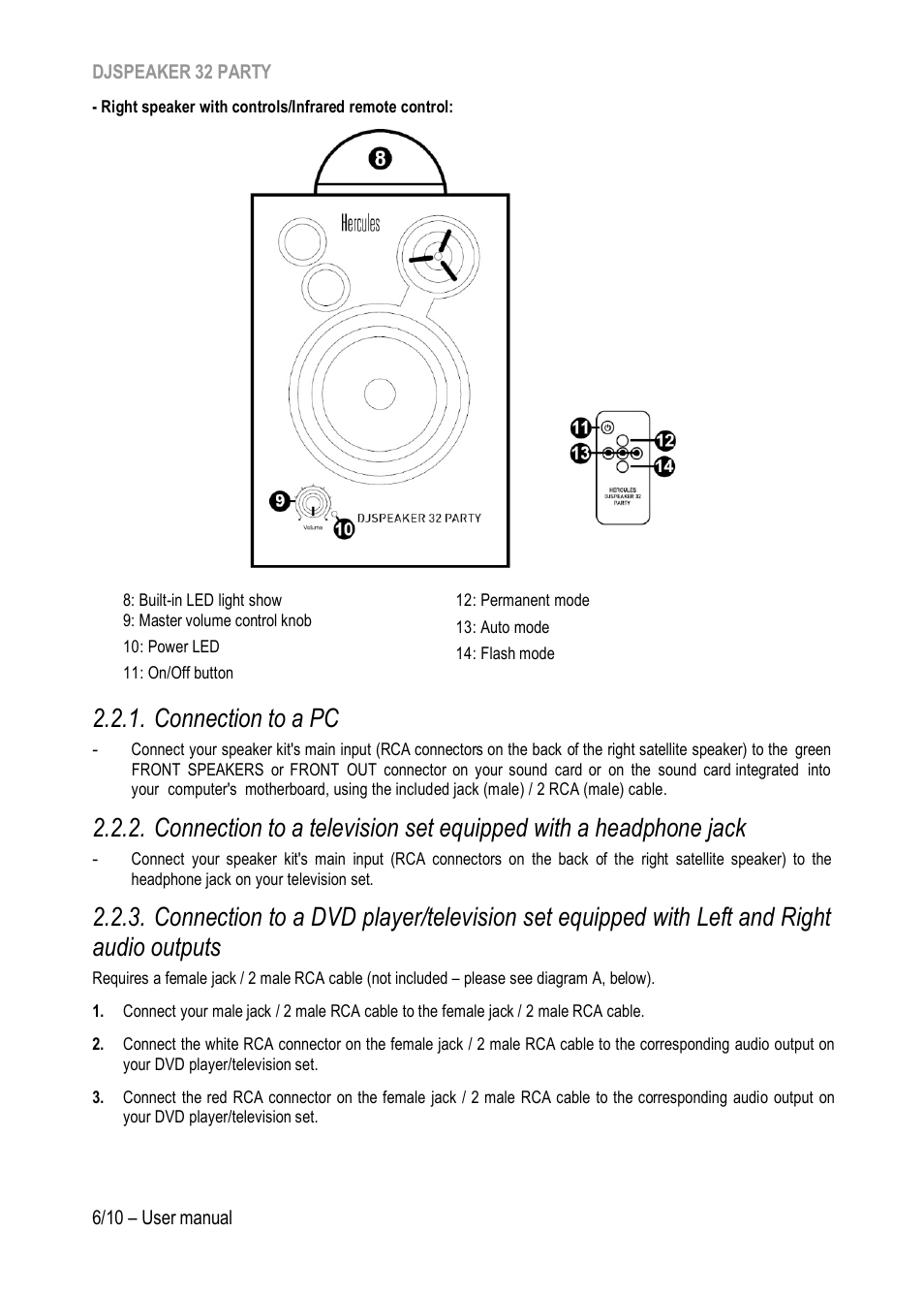 Connection to a pc, Outputs | Hercules DJSpeaker 32 Party 3" Powered Speakers with Integrated Light Dome (Pair) User Manual | Page 7 / 195