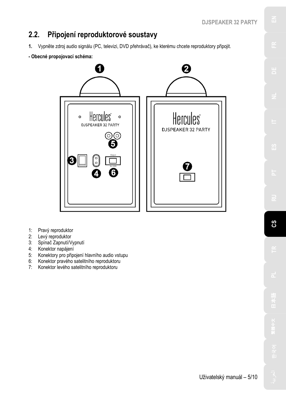 Připojení reproduktorové soustavy | Hercules DJSpeaker 32 Party 3" Powered Speakers with Integrated Light Dome (Pair) User Manual | Page 86 / 195