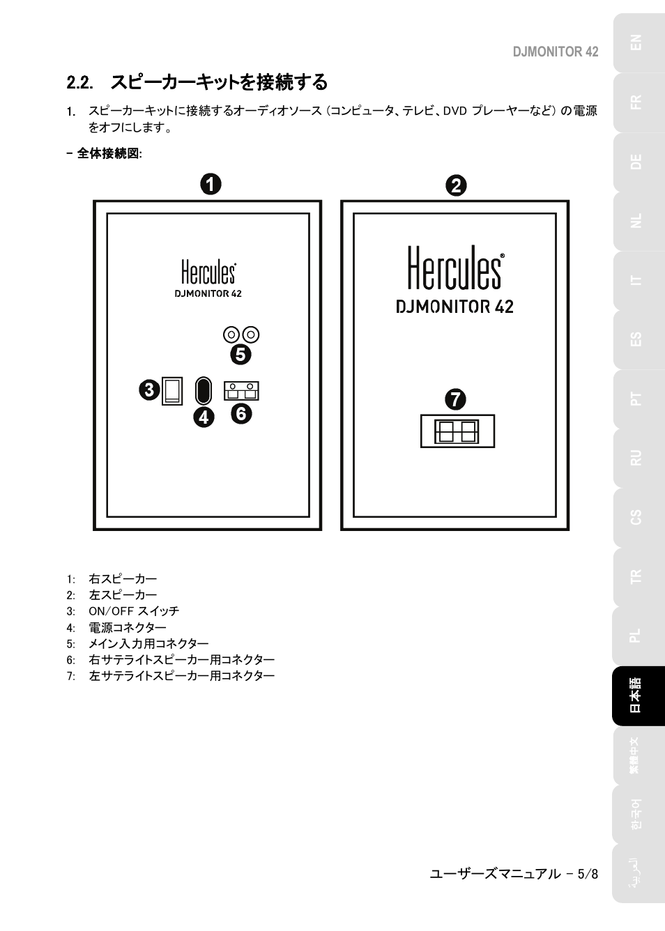 スピーカーキットを接続する | Hercules DJMonitor 42 - 4" Active Multimedia Speakers (Pair) User Manual | Page 116 / 199