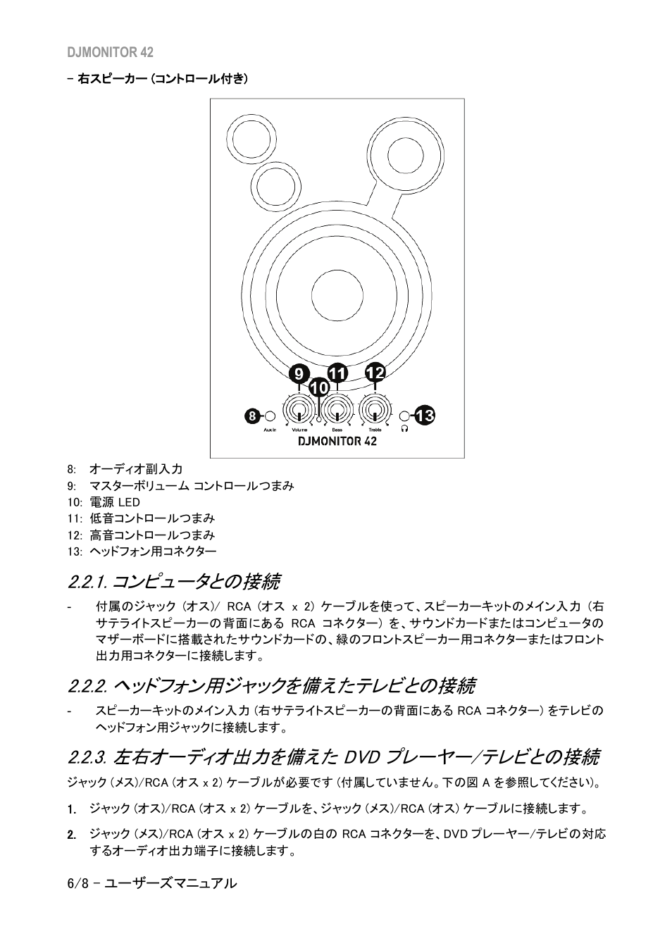 コンピュータとの接続, ヘッドフォン用ジャックを備えたテレビとの接続, 左右オーディオ出力を備えた dvd プレーヤー/テレビとの接続 | 左右オーディオ出力を備えた, プレーヤー, テレビとの接続, 左右オーディオ出力を備えた dvd プレーヤー / テレビとの接続 | Hercules DJMonitor 42 - 4" Active Multimedia Speakers (Pair) User Manual | Page 117 / 199
