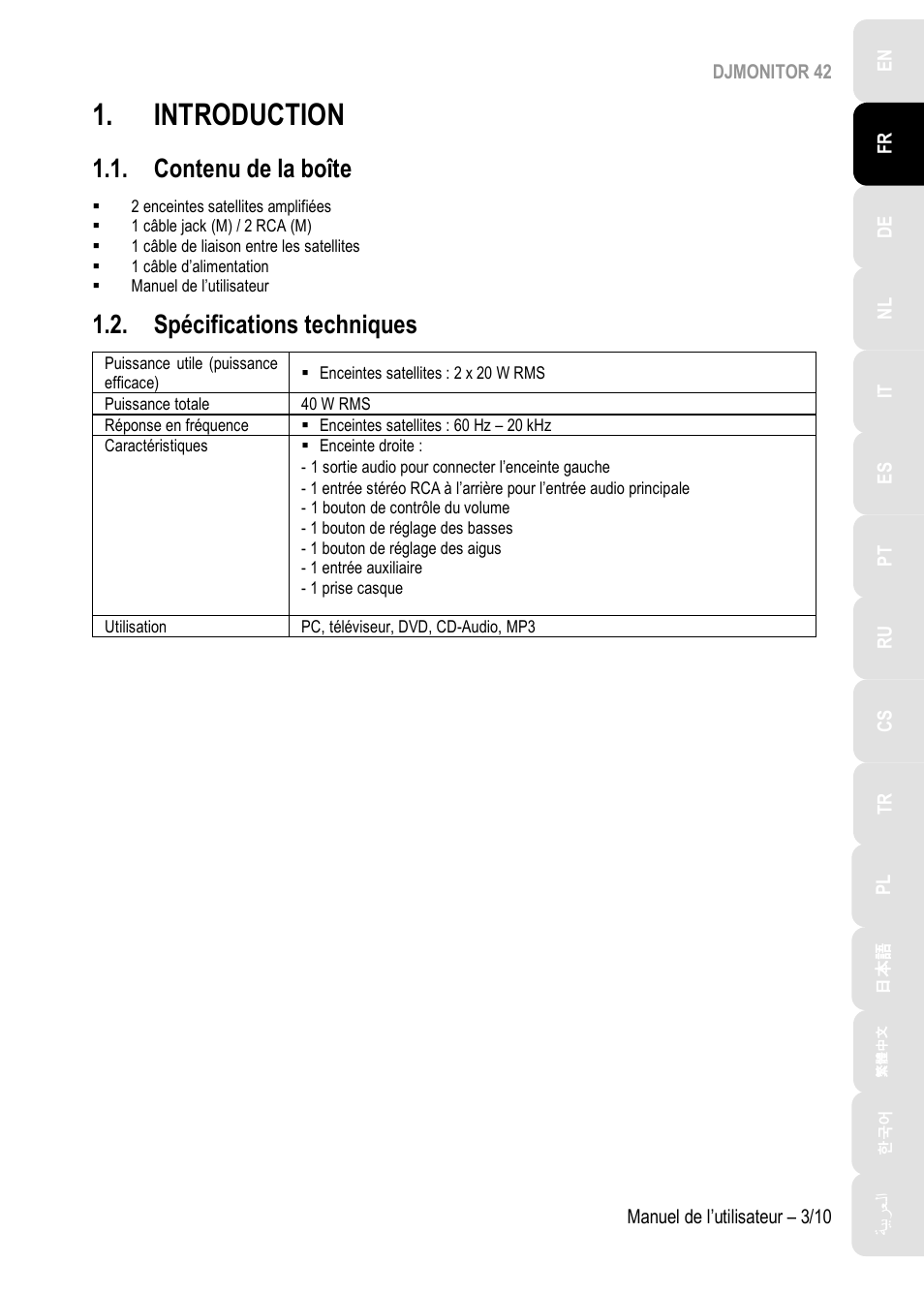 Introduction, Contenu de la boîte, Spécifications techniques | Hercules DJMonitor 42 - 4" Active Multimedia Speakers (Pair) User Manual | Page 14 / 199
