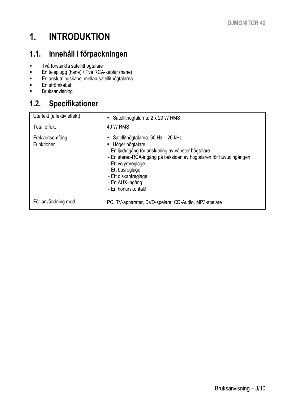 Introduktion, Innehåll i förpackningen, Specifikationer | Hercules DJMonitor 42 - 4" Active Multimedia Speakers (Pair) User Manual | Page 152 / 199