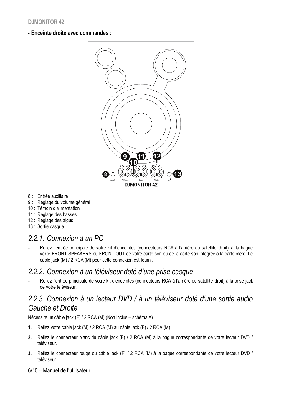 Connexion à un pc, Connexion à un téléviseur doté d’une prise casque, Droite | Hercules DJMonitor 42 - 4" Active Multimedia Speakers (Pair) User Manual | Page 17 / 199