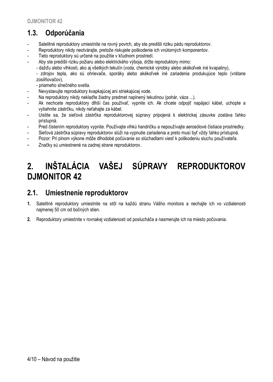 Odporúčania, Umiestnenie reproduktorov, Inštalácia súpravy reproduktorov djmonitor 42 | Hercules DJMonitor 42 - 4" Active Multimedia Speakers (Pair) User Manual | Page 173 / 199