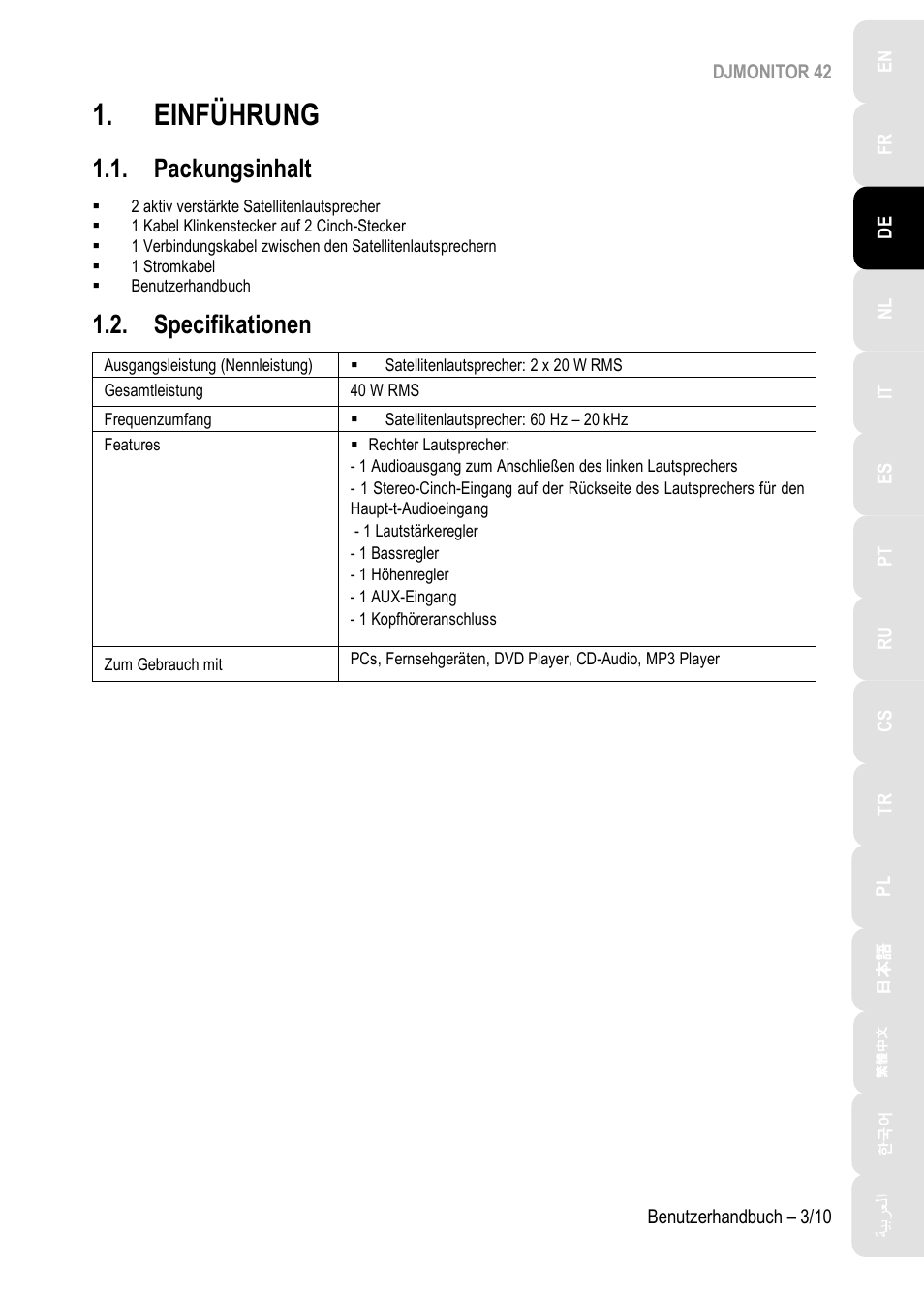 Einführung, Packungsinhalt, Specifikationen | Hercules DJMonitor 42 - 4" Active Multimedia Speakers (Pair) User Manual | Page 24 / 199