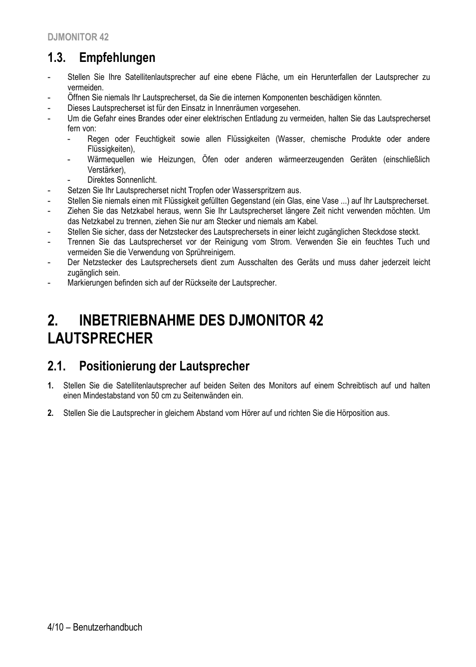 Empfehlungen, Inbetriebnahme des djmonitor 42 lautsprecher, Positionierung der lautsprecher | Hercules DJMonitor 42 - 4" Active Multimedia Speakers (Pair) User Manual | Page 25 / 199