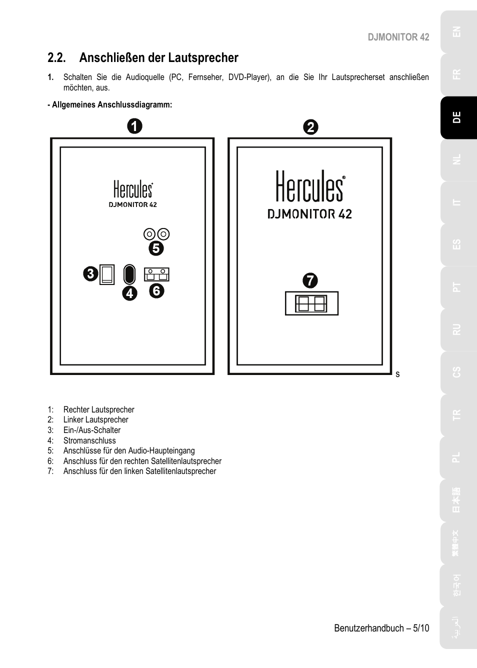 Anschließen der lautsprecher | Hercules DJMonitor 42 - 4" Active Multimedia Speakers (Pair) User Manual | Page 26 / 199