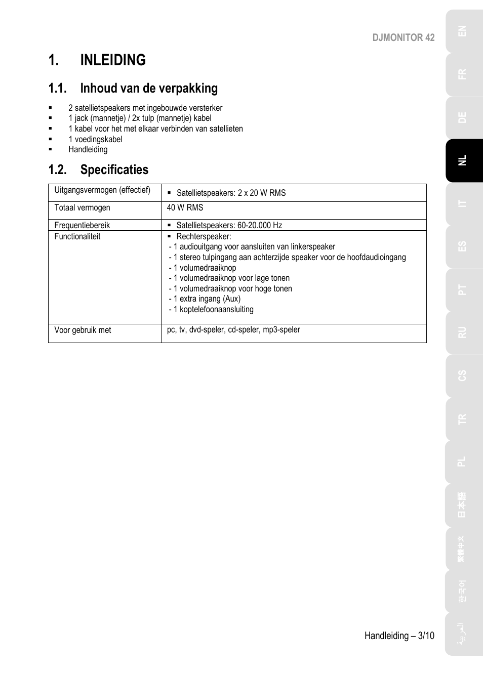 Inleiding, Inhoud van de verpakking, Specificaties | Hercules DJMonitor 42 - 4" Active Multimedia Speakers (Pair) User Manual | Page 34 / 199