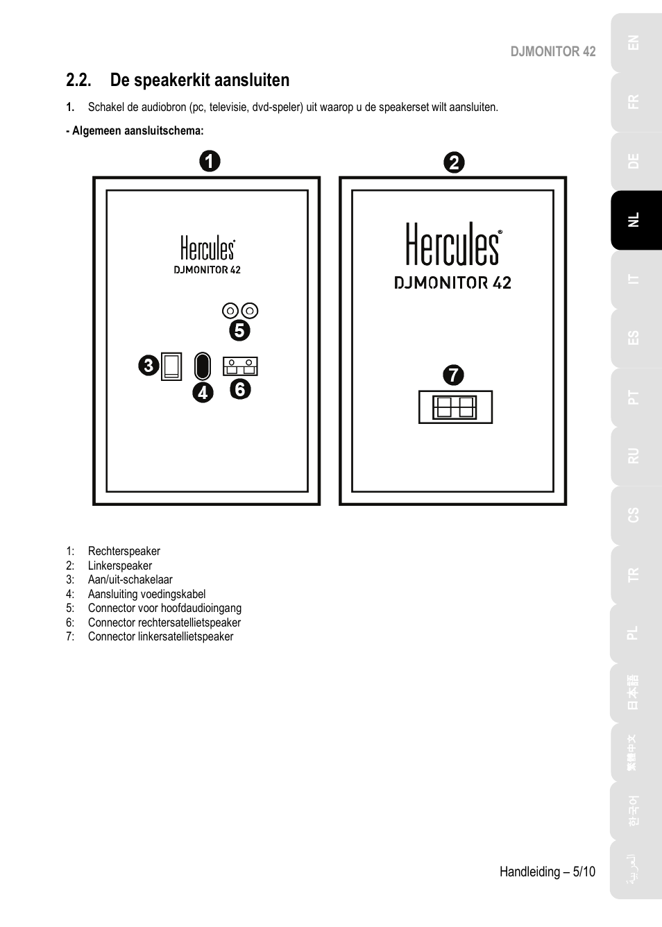 De speakerkit aansluiten | Hercules DJMonitor 42 - 4" Active Multimedia Speakers (Pair) User Manual | Page 36 / 199