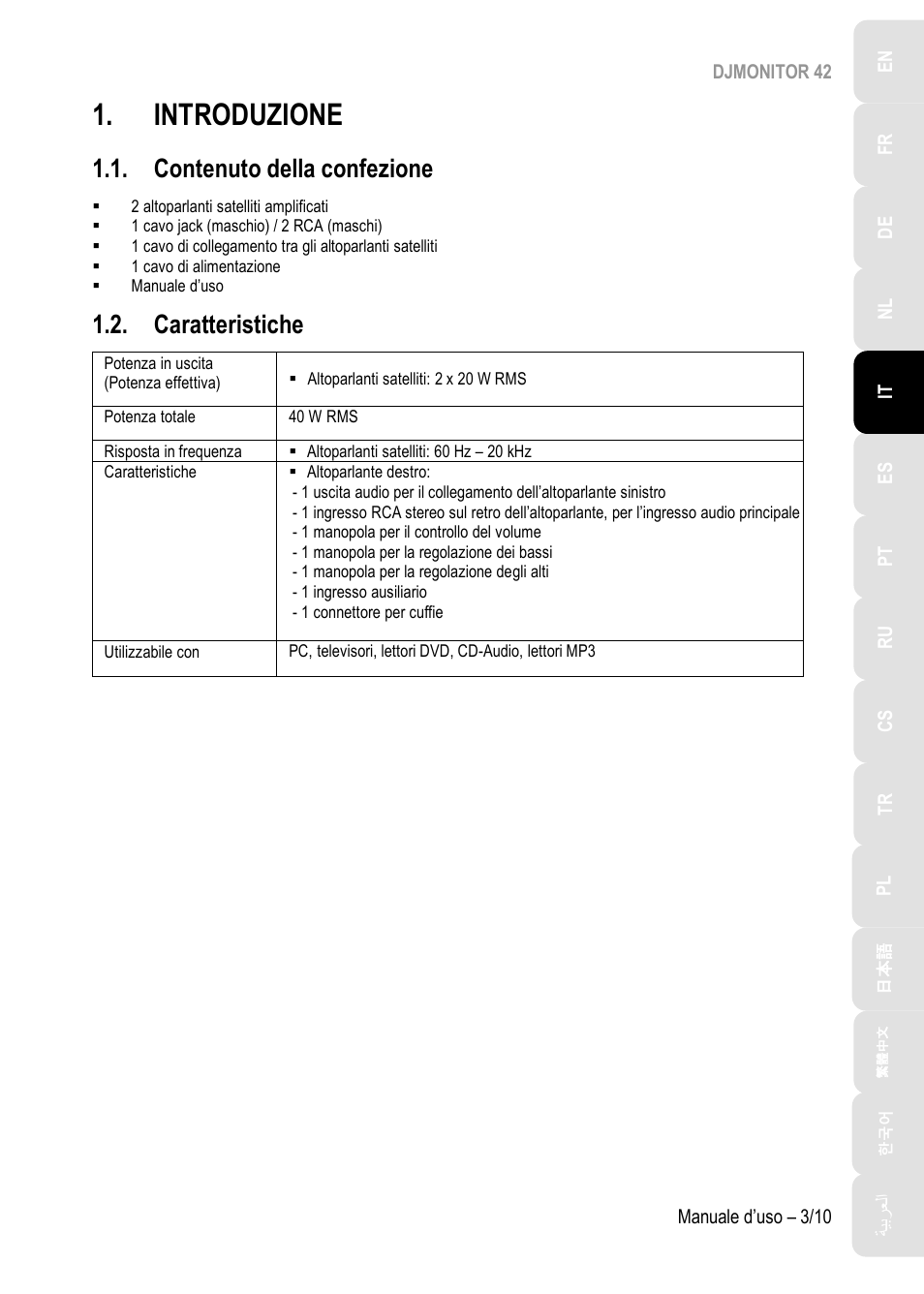 Introduzione, Contenuto della confezione, Caratteristiche | Hercules DJMonitor 42 - 4" Active Multimedia Speakers (Pair) User Manual | Page 44 / 199
